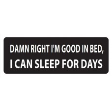 Helmet Sticker 'DAMN RIGHT I'M GOOD IN BED. I CAN SLEEP FOR DAYS'.