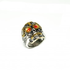 Stainless Steel Ring Sugar Skull With Red Eyes